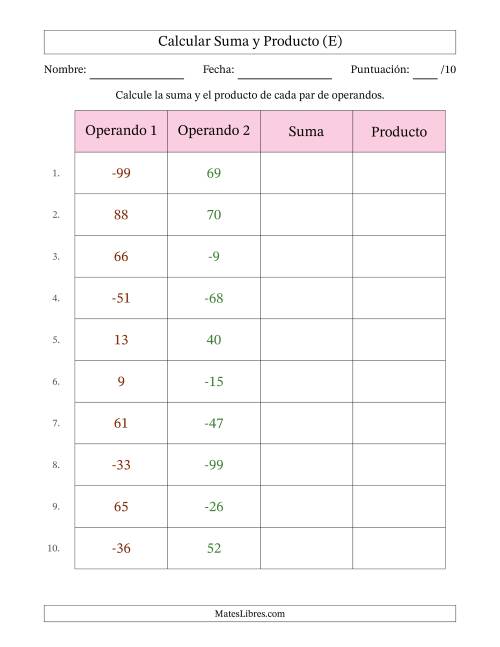 La hoja de ejercicios de Calcular la Suma y el Producto (Rango de los Operandos de 0 a 99 Incluyendo Negativos) (E)