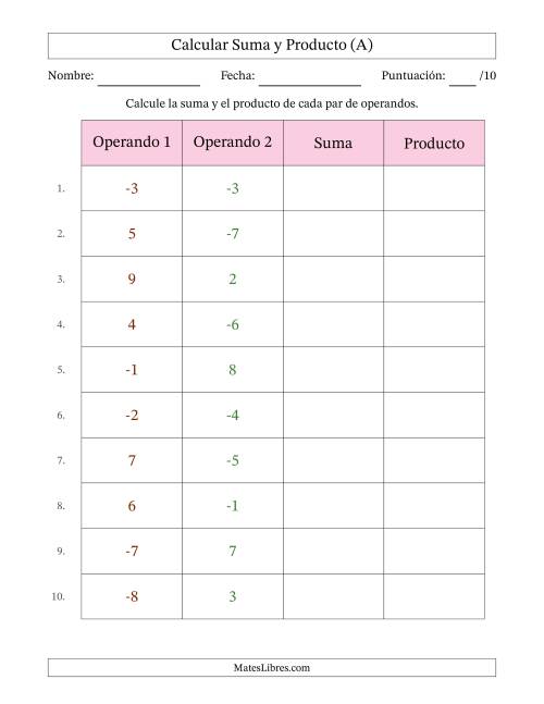 La hoja de ejercicios de Calcular la Suma y el Producto (Rango de los Operandos de 1 a 9 Incluyendo Negativos) (A)