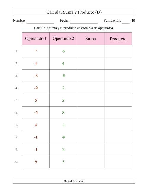 La hoja de ejercicios de Calcular la Suma y el Producto (Rango de los Operandos de 1 a 9 Incluyendo Negativos) (D)