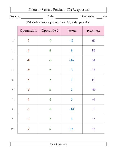 La hoja de ejercicios de Calcular la Suma y el Producto (Rango de los Operandos de 1 a 9 Incluyendo Negativos) (D) Página 2