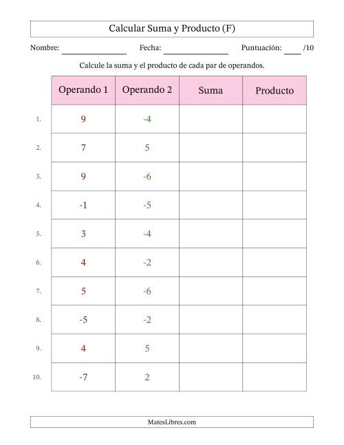La hoja de ejercicios de Calcular la Suma y el Producto (Rango de los Operandos de 1 a 9 Incluyendo Negativos) (F)