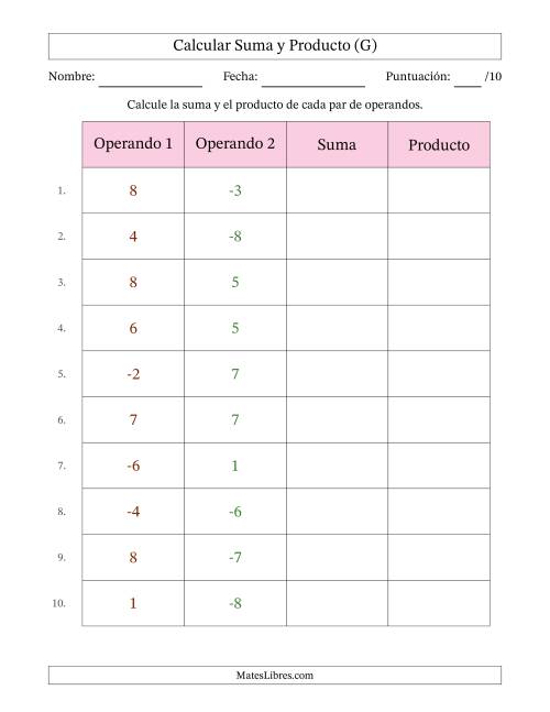La hoja de ejercicios de Calcular la Suma y el Producto (Rango de los Operandos de 1 a 9 Incluyendo Negativos) (G)