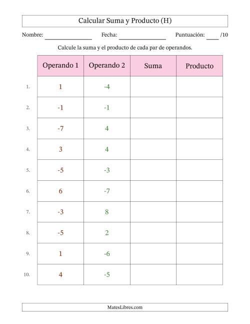 La hoja de ejercicios de Calcular la Suma y el Producto (Rango de los Operandos de 1 a 9 Incluyendo Negativos) (H)
