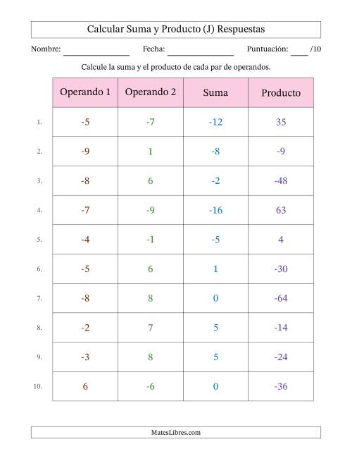 La hoja de ejercicios de Calcular la Suma y el Producto (Rango de los Operandos de 1 a 9 Incluyendo Negativos) (J) Página 2