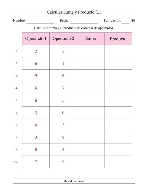 La hoja de ejercicios de Calcular la Suma y el Producto (Rango de los Operandos de 0 a 9) (E)