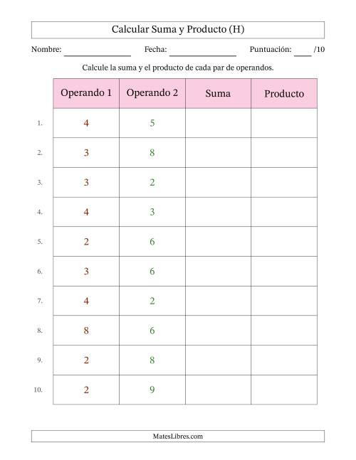 La hoja de ejercicios de Calcular la Suma y el Producto (Rango de los Operandos de 0 a 9) (H)
