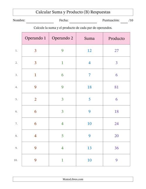 La hoja de ejercicios de Calcular la Suma y el Producto (Rango de los Operandos de 1 a 9) (B) Página 2