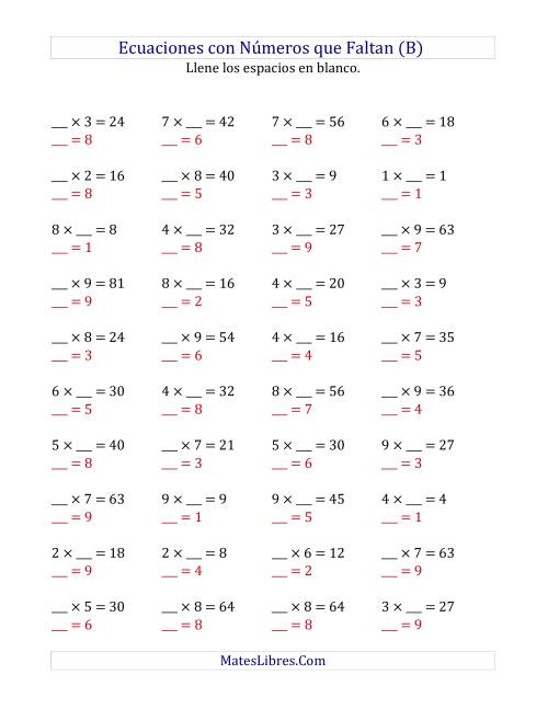 La hoja de ejercicios de Hallar Números que Faltan (Multiplicación) (B) Página 2