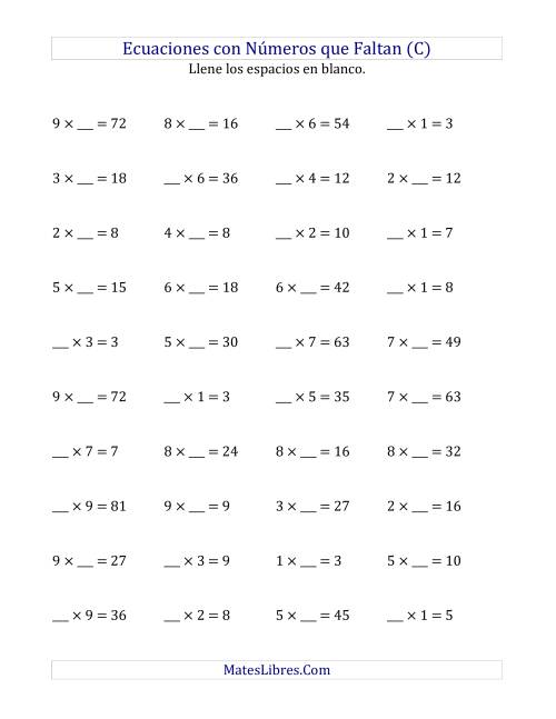 La hoja de ejercicios de Hallar Números que Faltan (Multiplicación) (C)