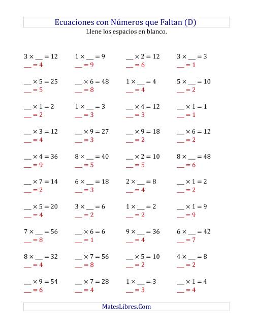 La hoja de ejercicios de Hallar Números que Faltan (Multiplicación) (D) Página 2