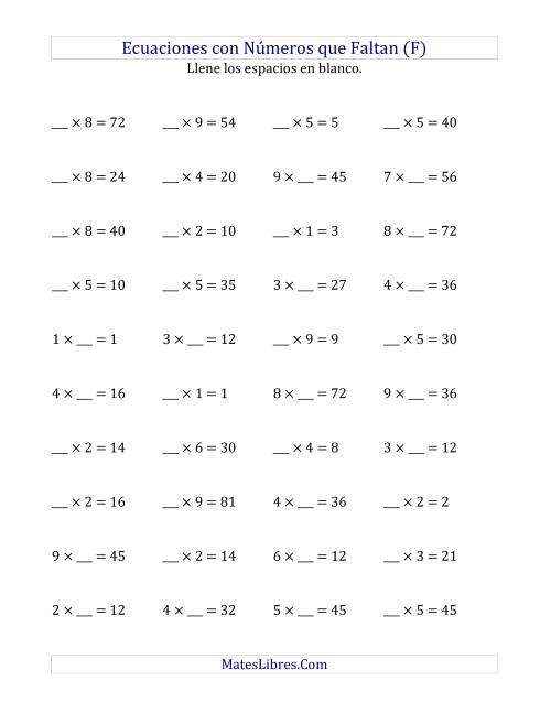 La hoja de ejercicios de Hallar Números que Faltan (Multiplicación) (F)