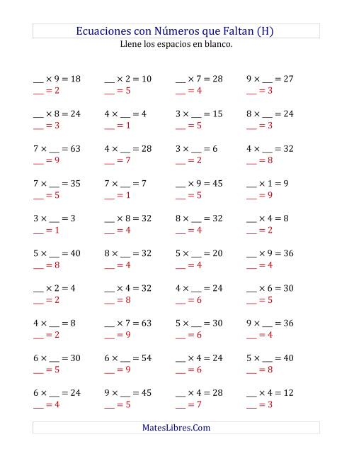 La hoja de ejercicios de Hallar Números que Faltan (Multiplicación) (H) Página 2