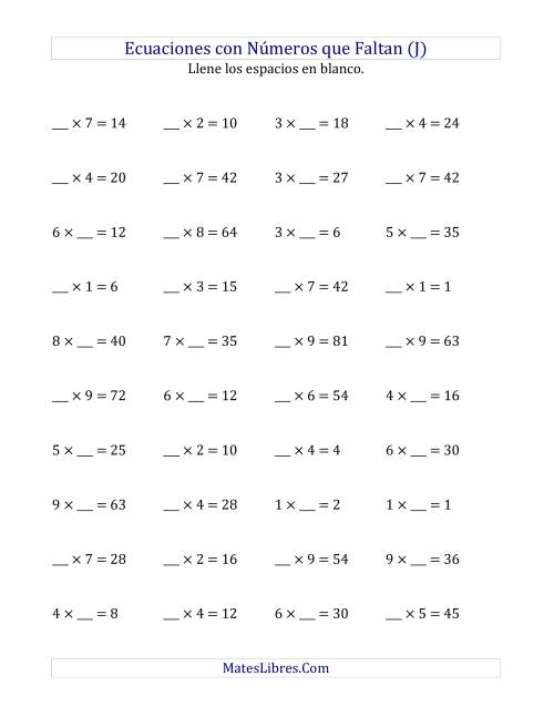 La hoja de ejercicios de Hallar Números que Faltan (Multiplicación) (J)