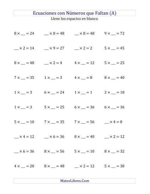 La hoja de ejercicios de Hallar Números que Faltan (Multiplicación) (Todas)