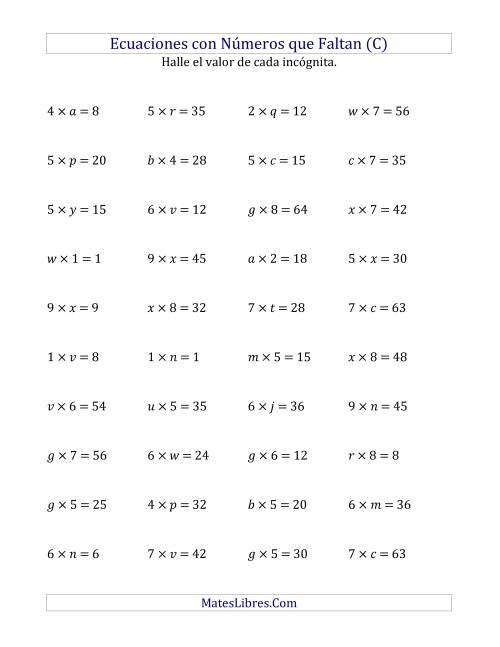 La hoja de ejercicios de Hallar Números que Faltan (Multiplicación) (C)