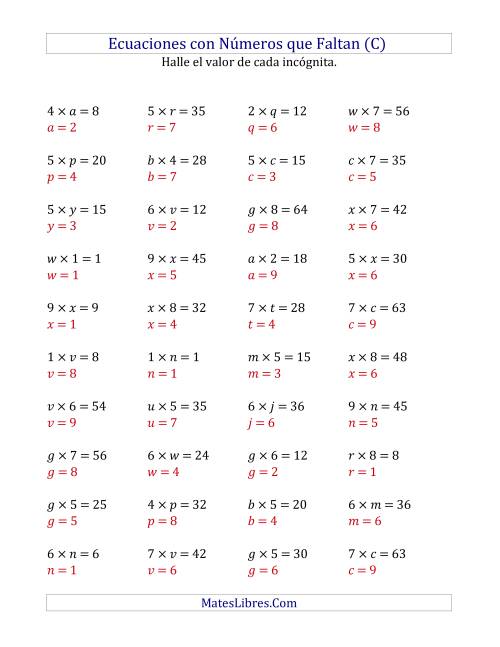 La hoja de ejercicios de Hallar Números que Faltan (Multiplicación) (C) Página 2