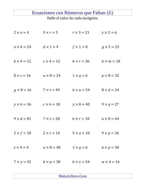 La hoja de ejercicios de Hallar Números que Faltan (Multiplicación) (G)
