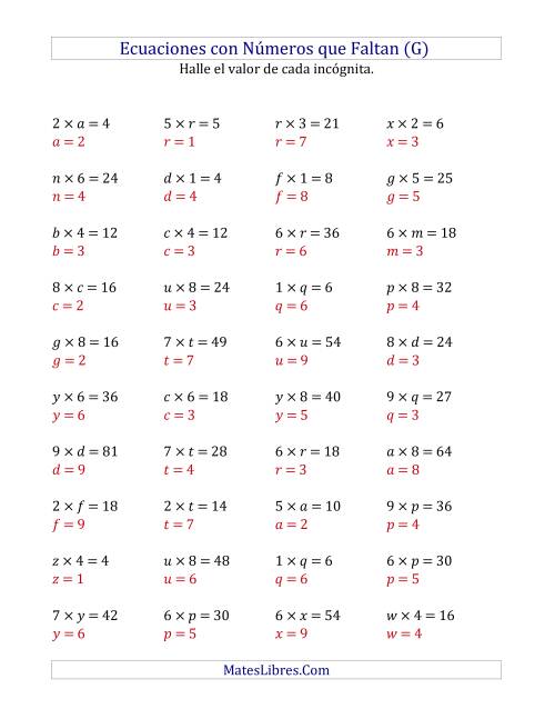 La hoja de ejercicios de Hallar Números que Faltan (Multiplicación) (G) Página 2