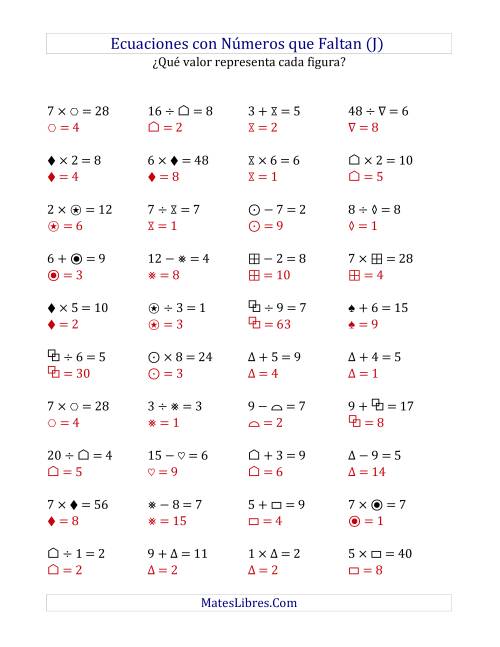La hoja de ejercicios de Hallar Números que Faltan (Operaciones Varias de 1 a 9) (J) Página 2
