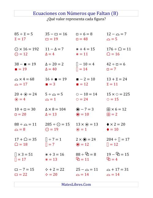 La hoja de ejercicios de Hallar Números que Faltan (Operaciones Varias de 1 a 20) (B) Página 2