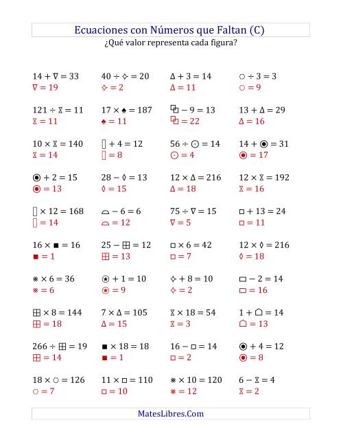 La hoja de ejercicios de Hallar Números que Faltan (Operaciones Varias de 1 a 20) (C) Página 2