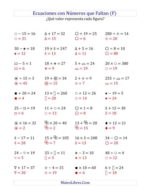 La hoja de ejercicios de Hallar Números que Faltan (Operaciones Varias de 1 a 20) (F) Página 2