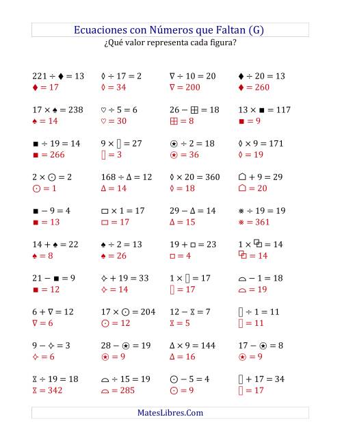 La hoja de ejercicios de Hallar Números que Faltan (Operaciones Varias de 1 a 20) (G) Página 2