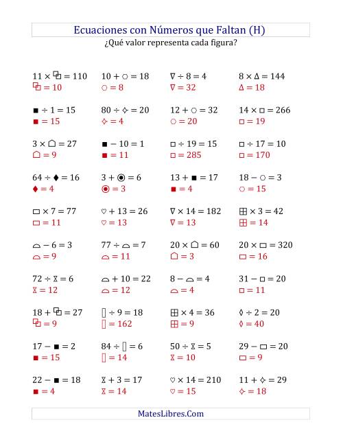 La hoja de ejercicios de Hallar Números que Faltan (Operaciones Varias de 1 a 20) (H) Página 2