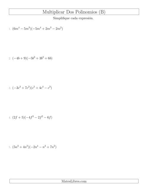 La hoja de ejercicios de Multiplicar un Binomio por un Trinomio (B)