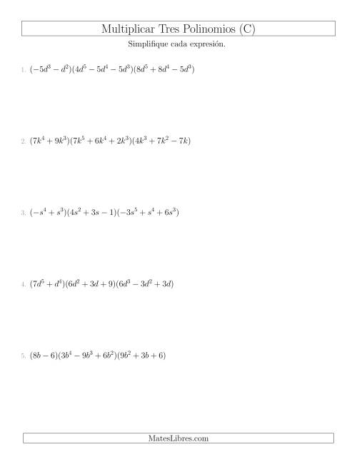 La hoja de ejercicios de Multiplicar un Binomio por Dos Trinomios (C)