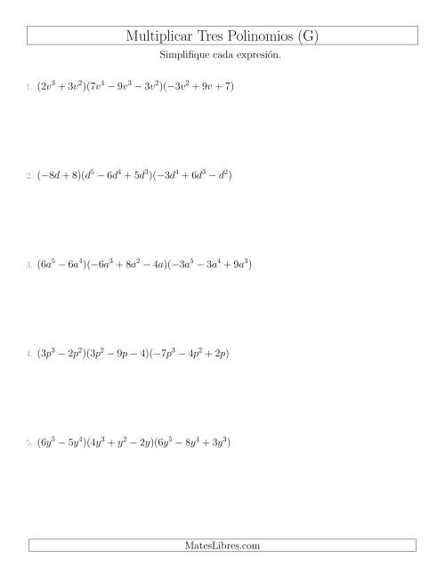 La hoja de ejercicios de Multiplicar un Binomio por Dos Trinomios (G)