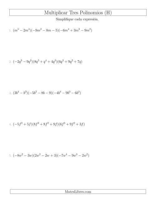 La hoja de ejercicios de Multiplicar un Binomio por Dos Trinomios (H)