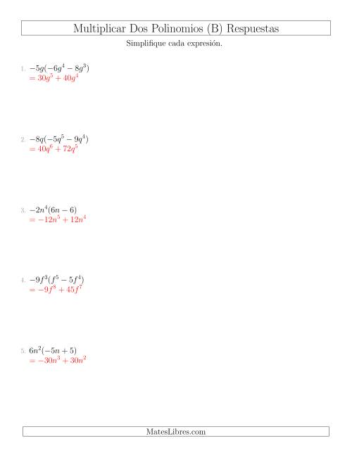 La hoja de ejercicios de Multiplicar un Monomio por un Binomio (B) Página 2