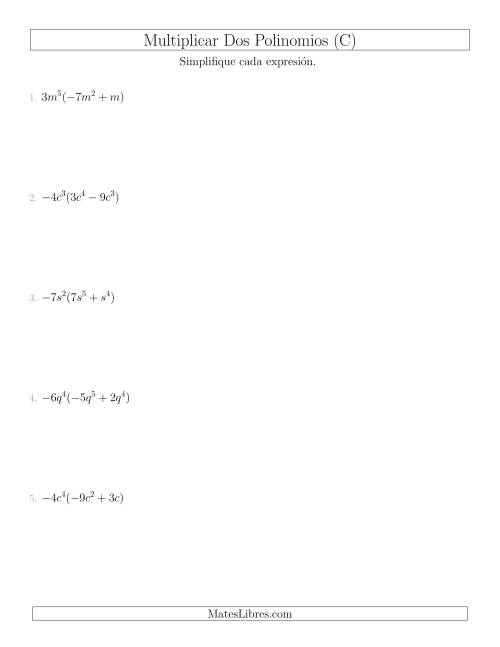 La hoja de ejercicios de Multiplicar un Monomio por un Binomio (C)