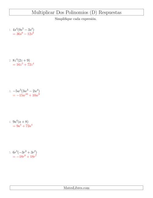 La hoja de ejercicios de Multiplicar un Monomio por un Binomio (D) Página 2