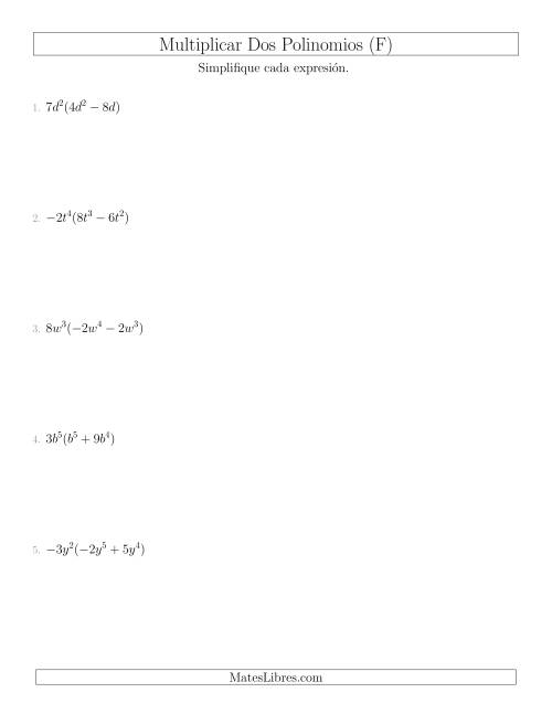 La hoja de ejercicios de Multiplicar un Monomio por un Binomio (F)