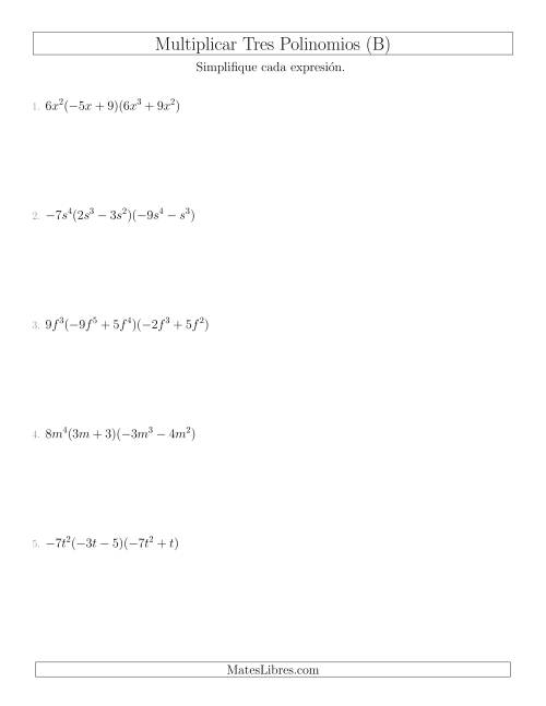 La hoja de ejercicios de Multiplicar un Monomio por Dos Binomios (B)