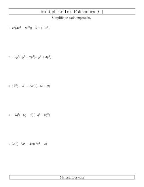 La hoja de ejercicios de Multiplicar un Monomio por Dos Binomios (C)