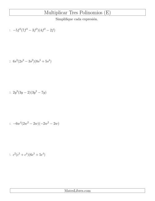 La hoja de ejercicios de Multiplicar un Monomio por Dos Binomios (E)