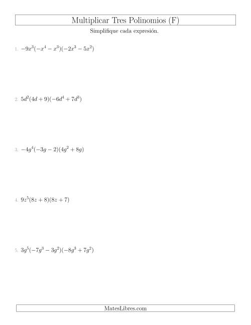 La hoja de ejercicios de Multiplicar un Monomio por Dos Binomios (F)