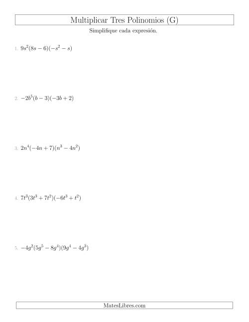 La hoja de ejercicios de Multiplicar un Monomio por Dos Binomios (G)