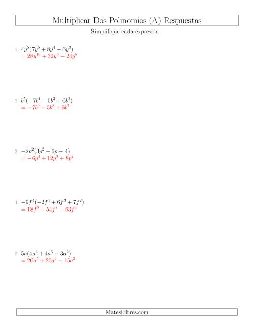 La hoja de ejercicios de Multiplicar un Monomio por un Trinomio (A) Página 2