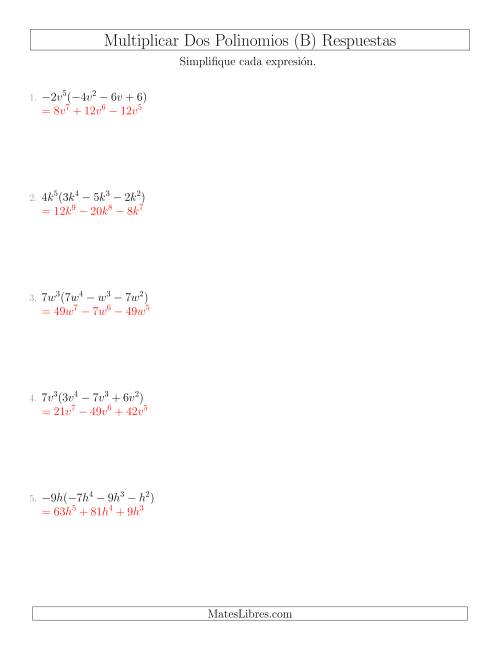 La hoja de ejercicios de Multiplicar un Monomio por un Trinomio (B) Página 2