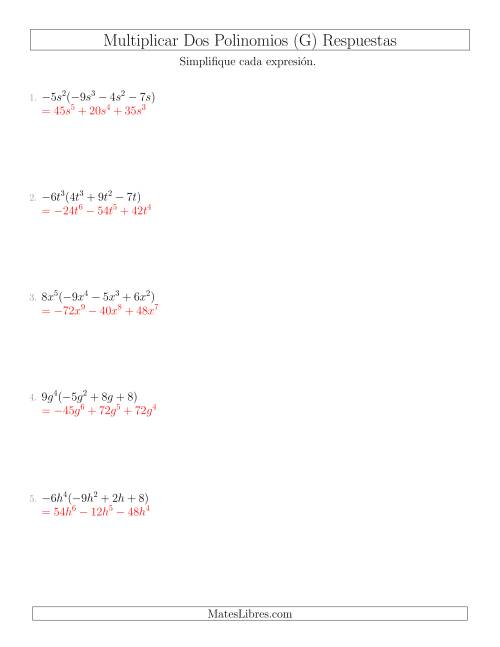 La hoja de ejercicios de Multiplicar un Monomio por un Trinomio (G) Página 2