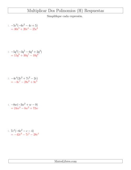 La hoja de ejercicios de Multiplicar un Monomio por un Trinomio (H) Página 2