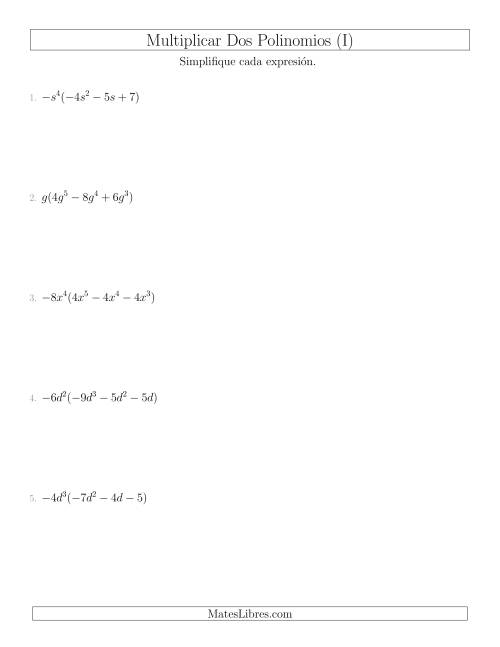 La hoja de ejercicios de Multiplicar un Monomio por un Trinomio (I)
