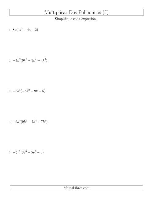 La hoja de ejercicios de Multiplicar un Monomio por un Trinomio (J)
