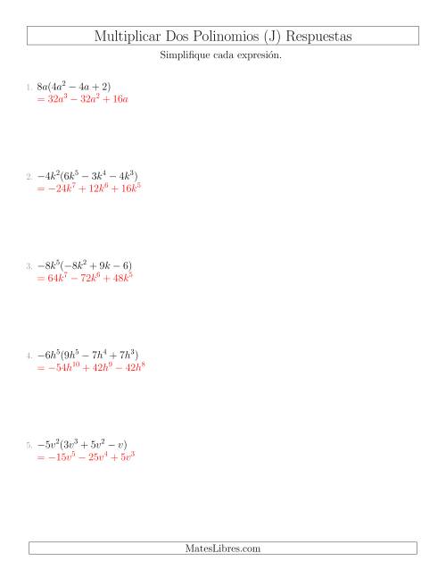 La hoja de ejercicios de Multiplicar un Monomio por un Trinomio (J) Página 2