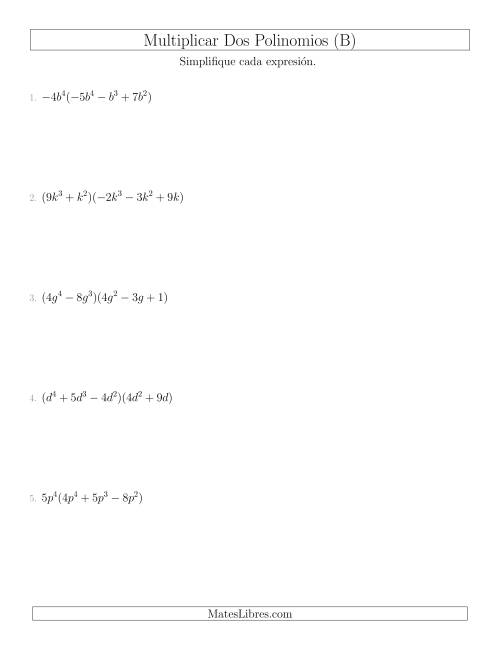 La hoja de ejercicios de Multiplicar Dos Polinomios (B)