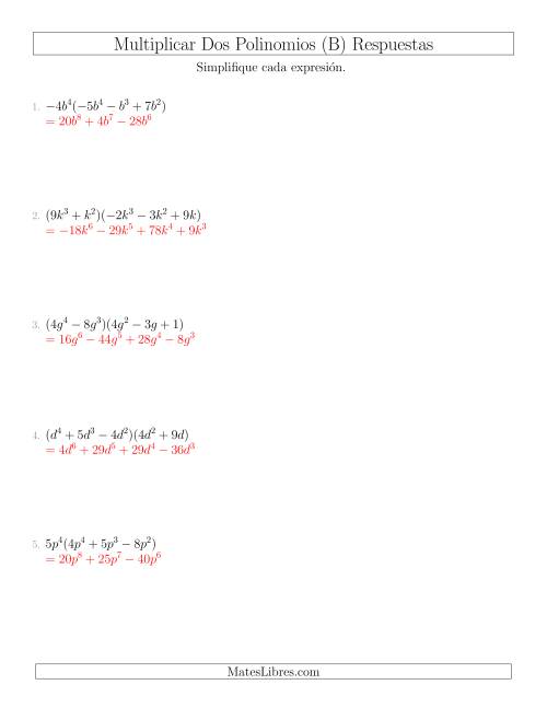 La hoja de ejercicios de Multiplicar Dos Polinomios (B) Página 2